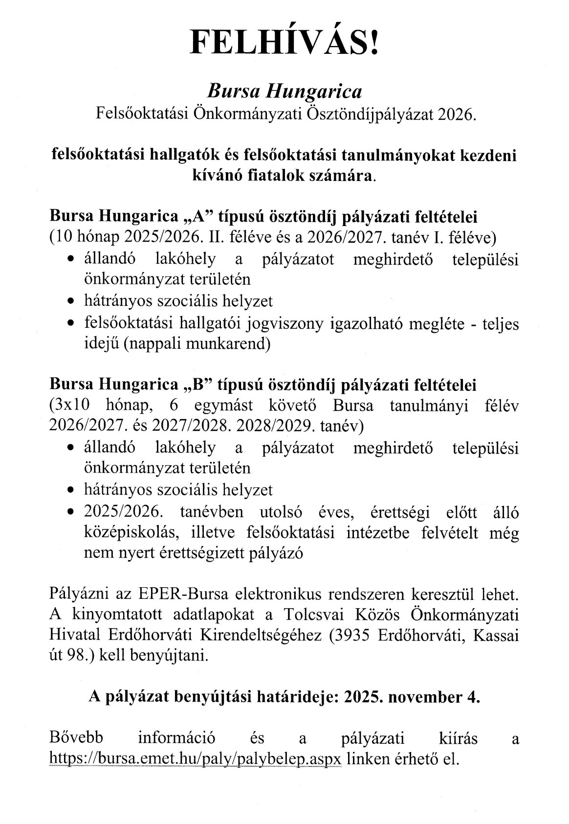 Bursa Hungarica ösztöndíj pályázat 2026